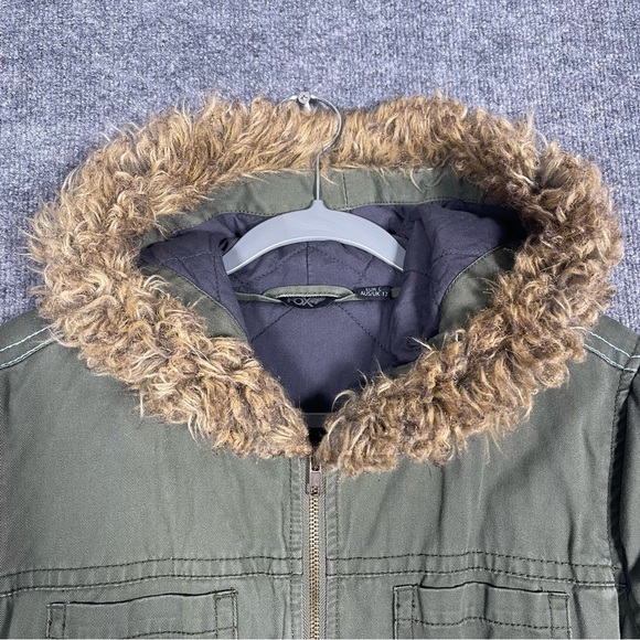 Fox Women’s Junior Large Green Military Style Faux Fur Hooded Jacket 90s Y2K - Picture 4 of 14
